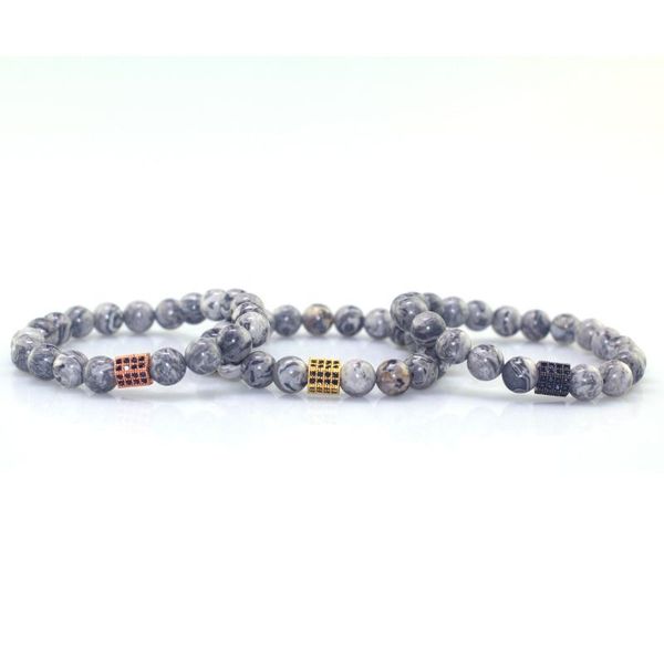

charm bracelets 8mm gray map stone bead bracelet for women&men&couple handmade pave cz hexagonal prism honorable jewelry, Golden;silver