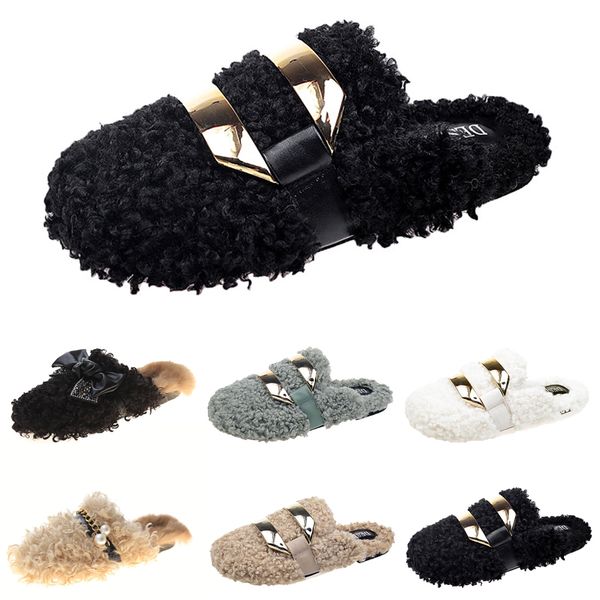 

fashion autumn winter womens slippers metal chain all inclusive wool slipper for women outer wear plus big szie muller half drag shoes eur 3, Black