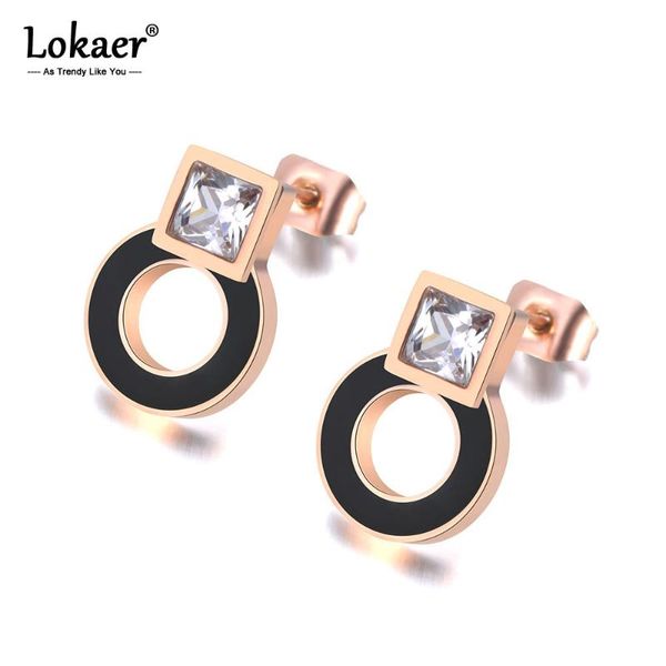 

stud lokaer stainless steel black acrylic circle & square cz crystal earrings for women rose gold engagement jewelry e19048, Golden;silver