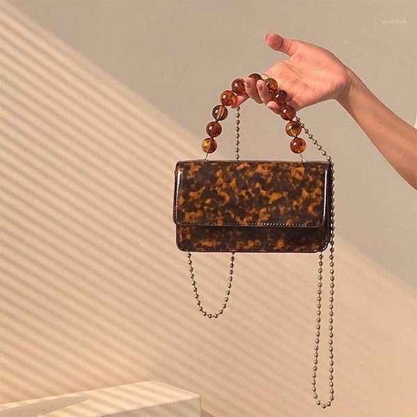 

evening bags 2021 personality single shoulder niche design women retro beaded handle metal chain messenger bag flap small square handbag