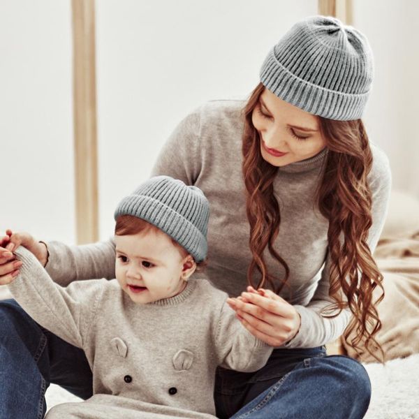 

beanies winter solid color for women kids warm knitted hats cap mother baby hat fashion melon caps