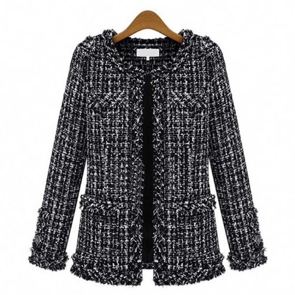 

autumn winter black white plaid loose short coat women vintage o neck long sleeve tassel tweed plus size ladies jacket 211020