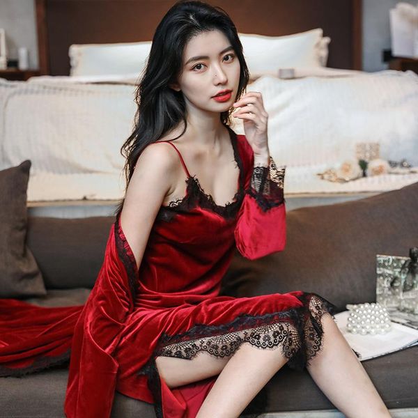 

women's sleepwear conjunto camisola feminina veludo 2 peÃ§as, lingerie para dormir, rendada casual kimono, Black;red