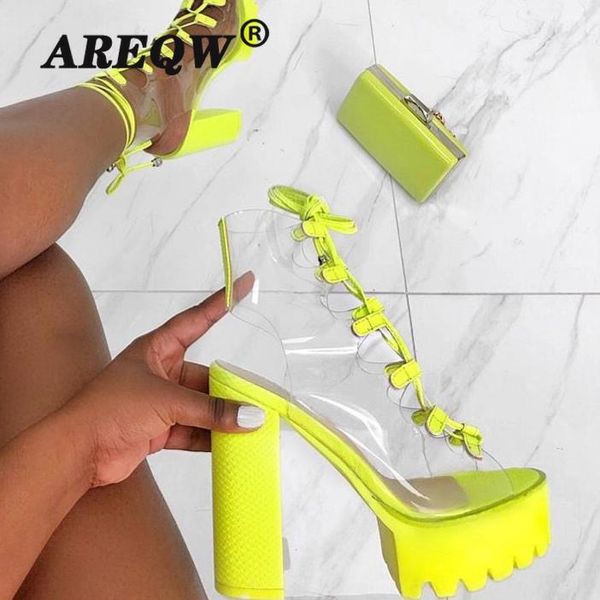 

neon green pvc jelly sandals open toe lace-up gladiator high heels summer shoes platform heel transparent sandals big size 43, Black