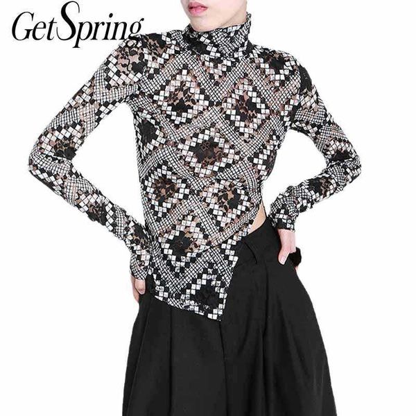 

getspring women t shirt retro perspective lace tee female patchwork long sleeve split t-shirt tshirts bottoming 210601, White