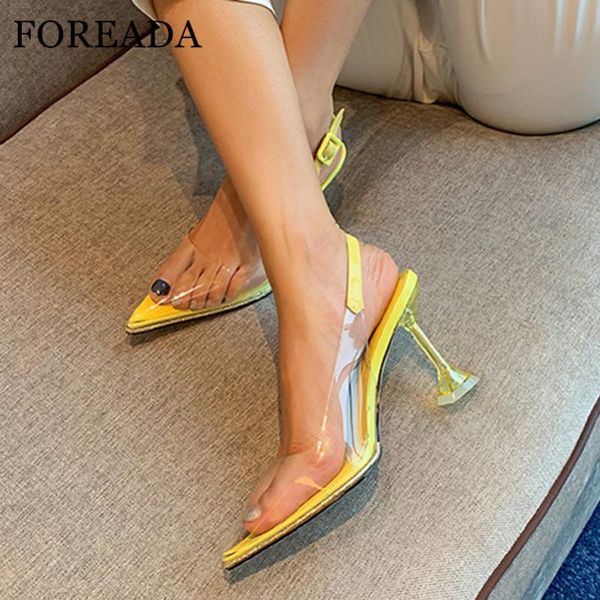 

dress shoes foreada woman sandals transparent thin high heels back strap pointed toe buckle female summer yellow, Black