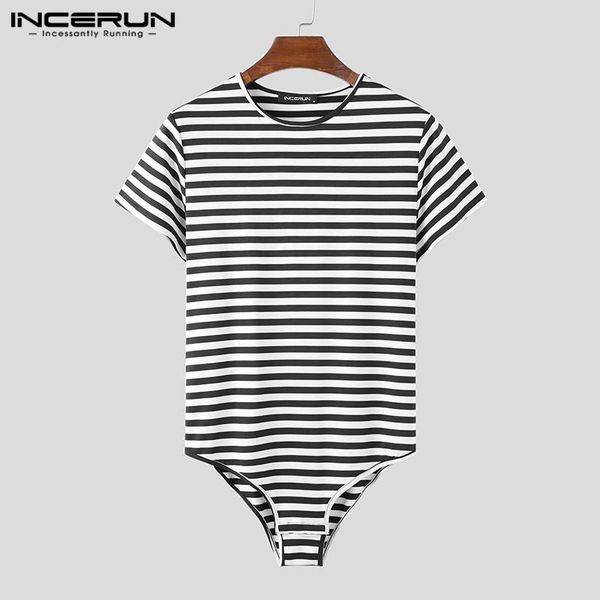 

men fashion fitness mens t-shirt incerun 2021 men striped bodysuit t shirt leisure short sleeve round neck rompers 5xl, White;black