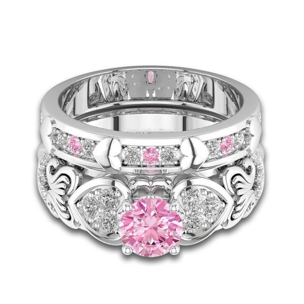 

wedding rings 2pcs/set princess fashion white gold color women gift stone crystal lady silver ring set jewelry engagement lr097, Slivery;golden