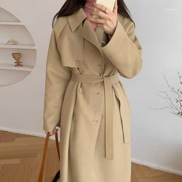 

women's wool & blends 2021 winter double breasted turn-down collar long-sleeved solid color straight minimalist woolen overcoat with be, Black