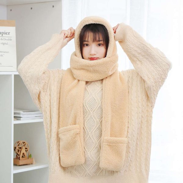 

winter novelty warm cute bear ear casual plush scarf glove suit fashion solid color fleece women hat, Blue;gray