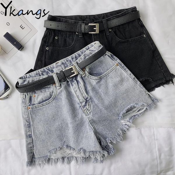 

women's shorts streetwear denim for women 2021 summer high waist ripped cool blue and black with tassel pockets mini short jeans, White;black