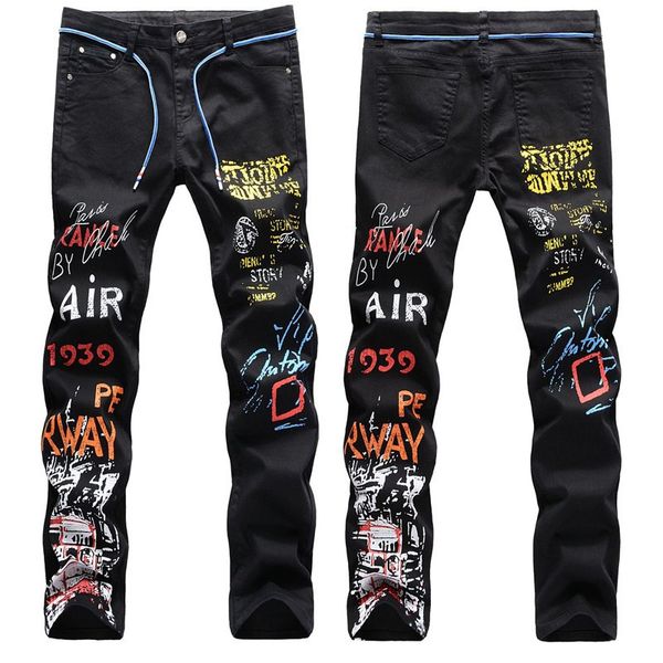

2021 new men's skeleton graffiti street jeans slim straight colored painted stretch pants hnnz, Blue