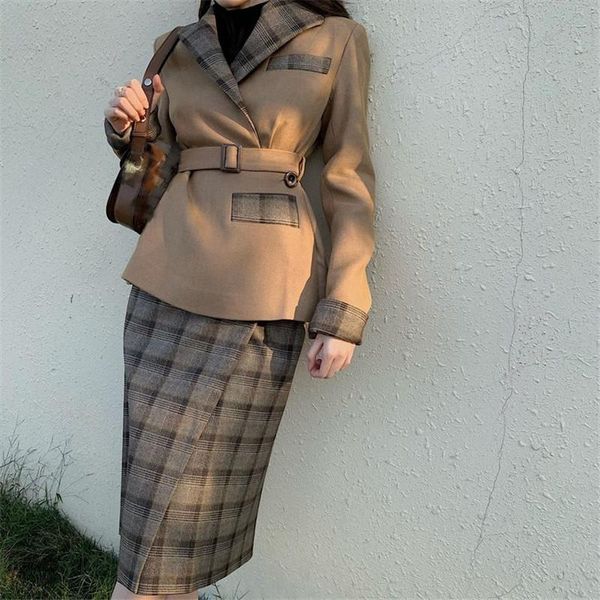 

two piece dress vintage plaid women skirt suit female autumn spring blazer v neck split belt pocket long sleeve set, White