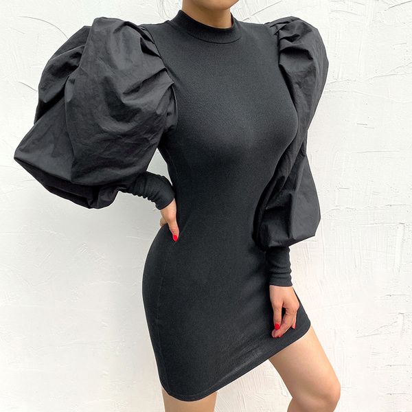 

gothic black skinny ribbed mini dress for women patchwork puff long sleeve ladies bodycon dresses party clubwear, Black;gray