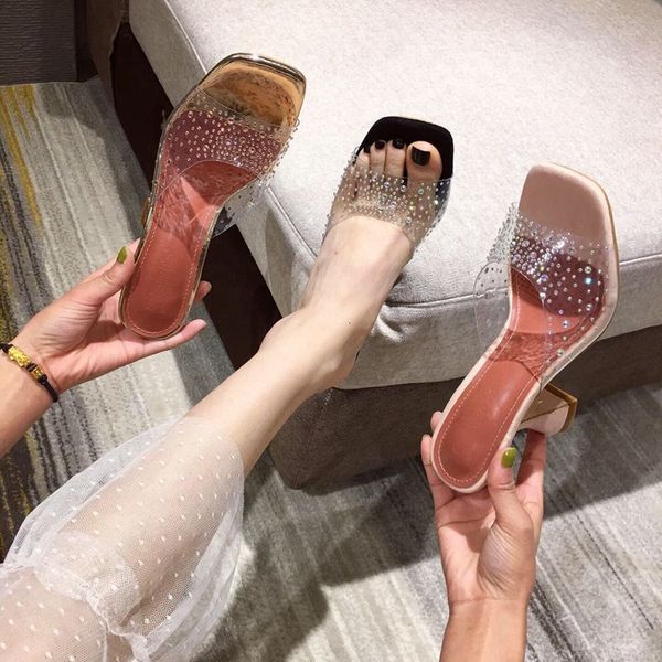 

2021 new bling diamond transparent pvc pointed toe slippers women sandals fashion clear crystal cup heel wedding party shoes omic, Black