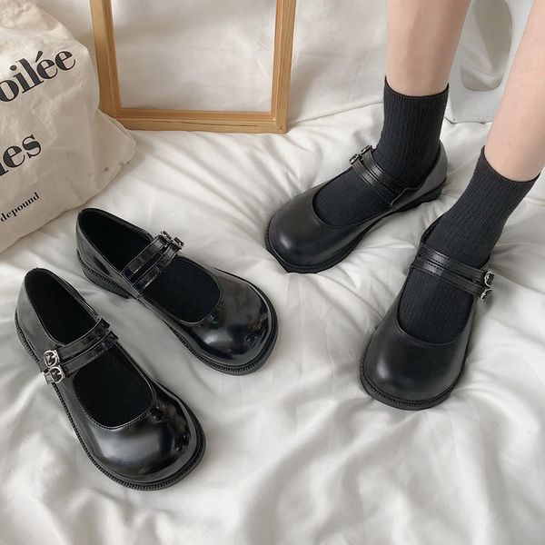 

2020 autumn spring lolita shoes women mary janes shoes double buckle girls shoes patent leather flat on platform shoe 8531n, Black;white