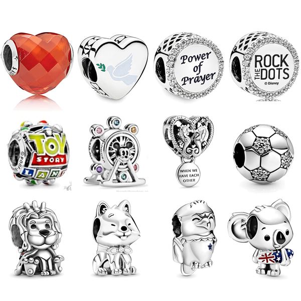 Memnon Jóias 925 Sterling Silver Sparkling Soccer Ball Charme Akita Inu Surfista Koala Charms Union Jack Lion Bead Eagle Grânulos Fit Braceletes DIY para Mulheres Presente