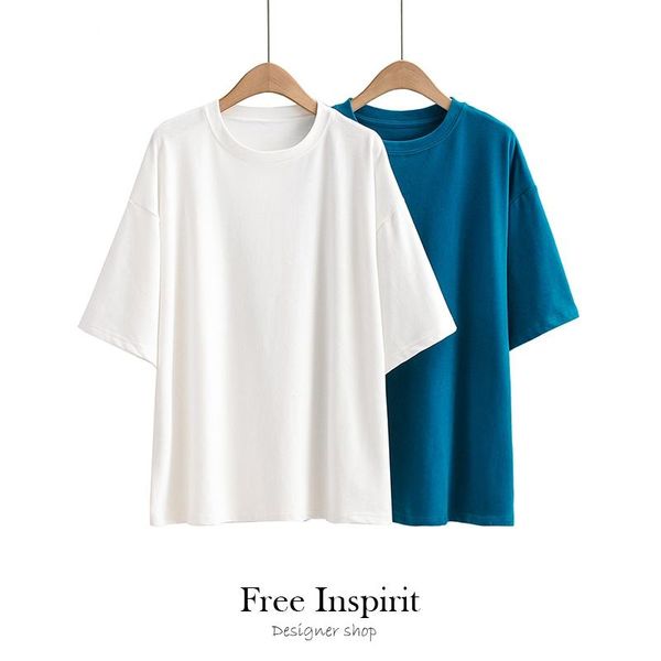 

women's t-shirt causal style solid color o-neck cotton summer white blue simple loose