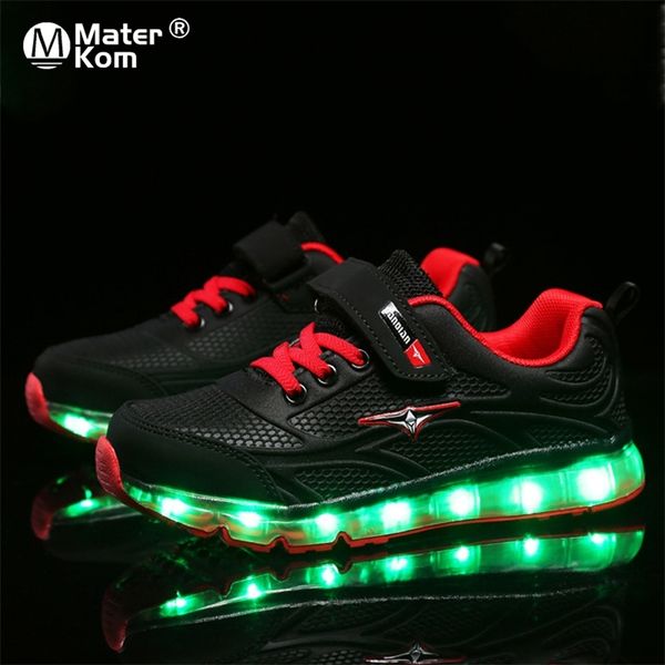 Tamanho 27-37 meninos USB carregando sapatos brilhantes luminosas sapatilhas para meninas criança levou luz para cima sapatos criança respirável brilhando sneakers 210306