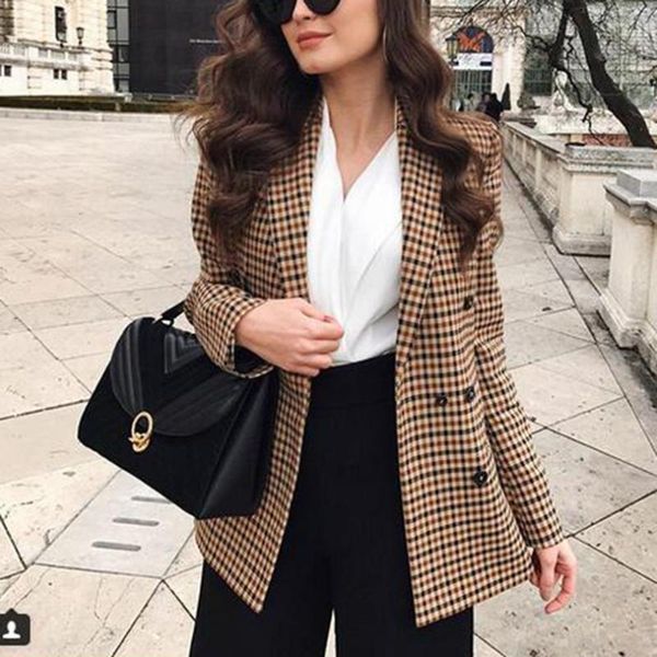 

fashion autumn women plaid blazers and jackets work office lady suit slim double breasted business female blazer coat talever, White;black