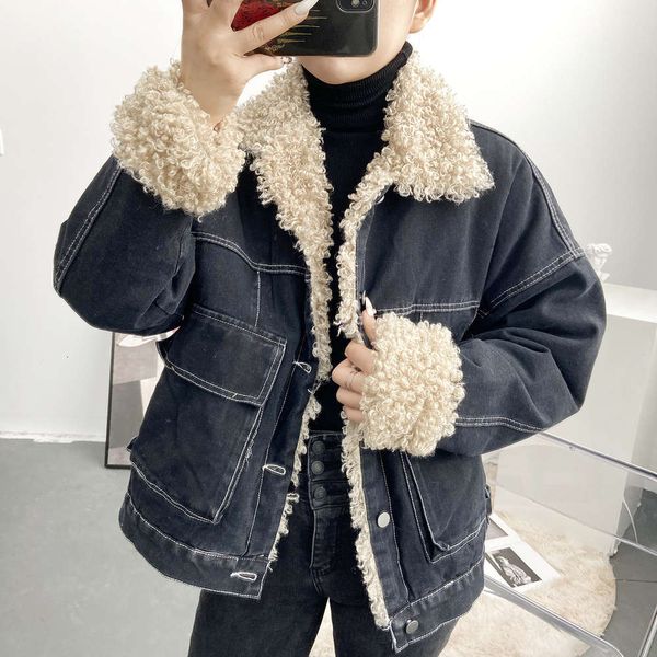 

2021bamboo lamb wool denim jacket women's winter 2020 new cashmere thickened knit fashion v-neck woman long sleeve tunics, White