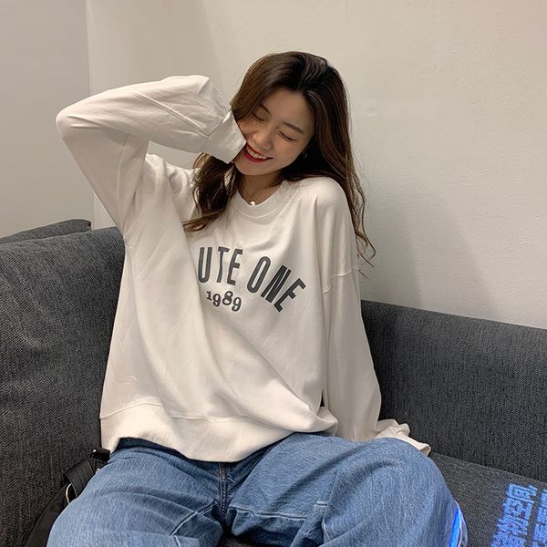 

2021 6535 cotton spring and autumn new design sense loose thin sweater women's large size long-sleeved t-shirt bottoming shirt 93i2, White