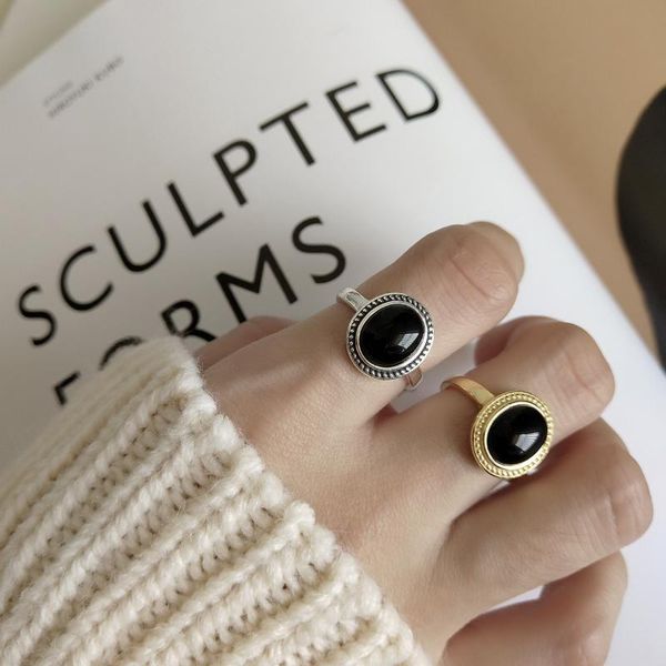 

cluster rings 925 sterling silver oval personality black agate open ring for women nordic style wedding anniversary party fine jewelry, Golden;silver