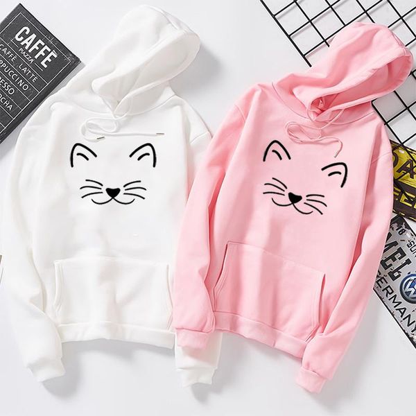 

women's hoodies & sweatshirts autumn winter women casual long sleeve short hooded sweatshirt cat print pullover blouse female, Black