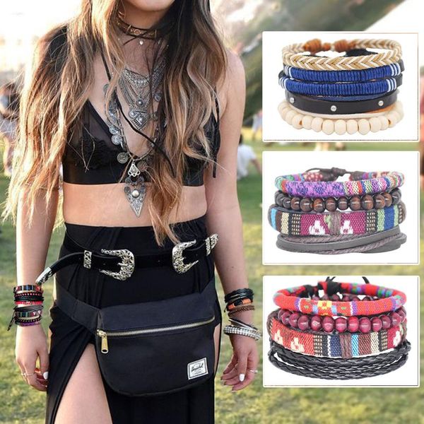 

bangle women bohemian style bangles fashion design vintage hand-woven multilayer combination leather cord charm bracelet, Black