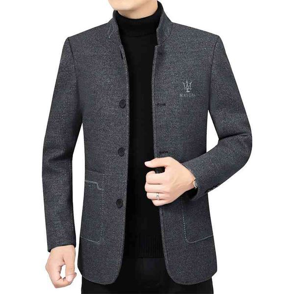 

middle aged men's thickened wool 2021 autumn and winter new stand collar leisure father woolen et men, Black