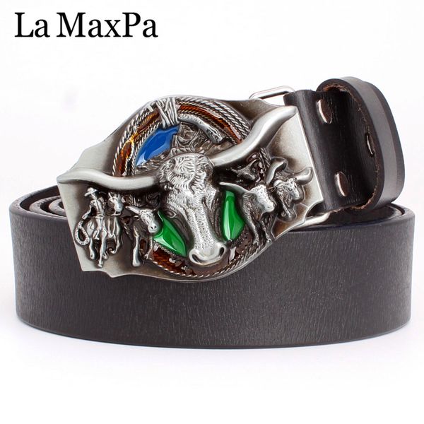 

2021 new moda feminina & masculina estilo cow couro genuno ocidental cinto cowboy vaca padro cabea de touro 16l1, Black;brown