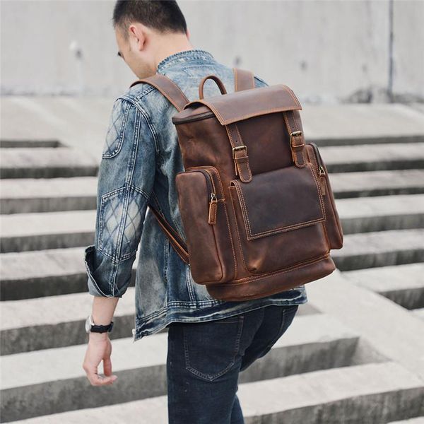 

backpack retro simple men's genuine leather shoulder bag travel head layer cowhide outdoor large-capacity computer