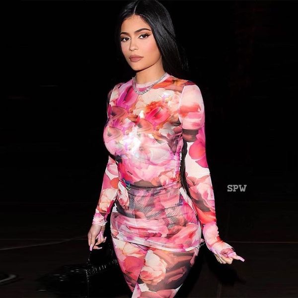 

women outfits casual print flower skinny tracksuits sheath long sleeve and pencil pants plus size bodycon kylie set t200813, White