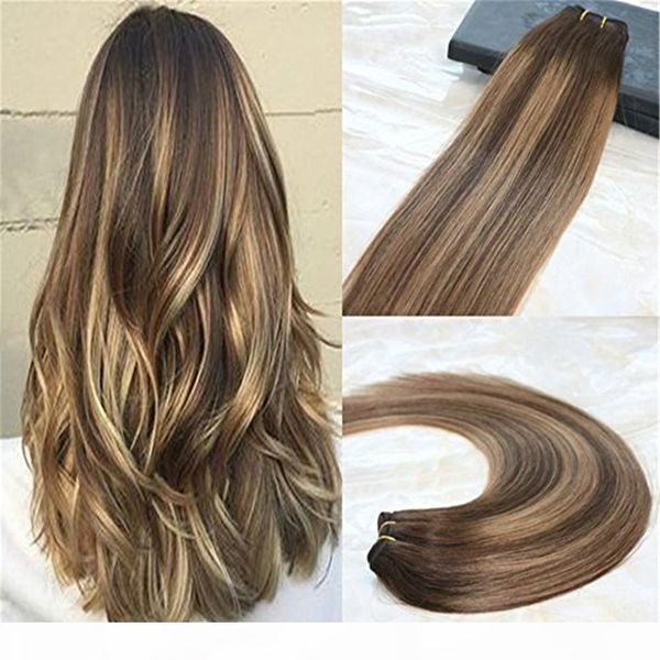 

real hair double weft human hair extensions balayage ombre remy hair color #4 dark brown fading to #27 honey blonde ombre color extensions, Black