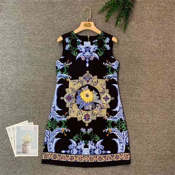 

truevoker women high end manual beading tank dress lady vintage print diamond robe mujer festa vestido 210602, Black;gray