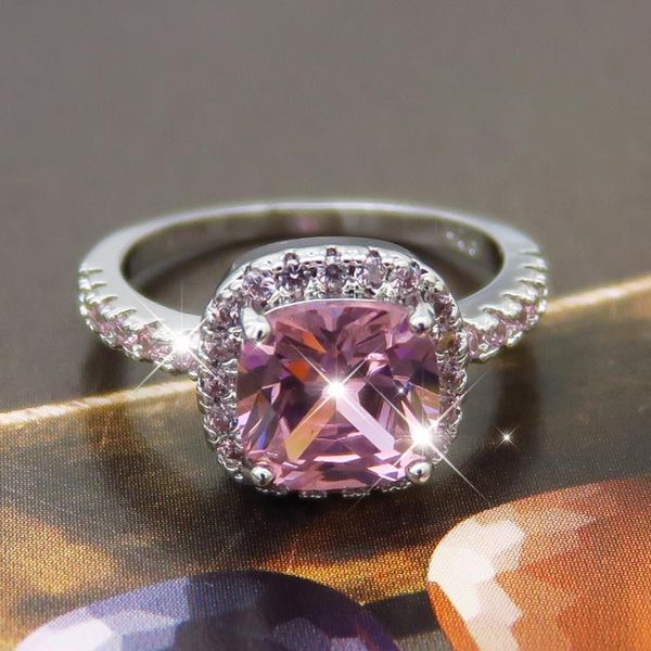 

wedding rings design square pink zircon women finger ring beautiful weeding bridal party elegant lady gift fashion jewelry, Slivery;golden