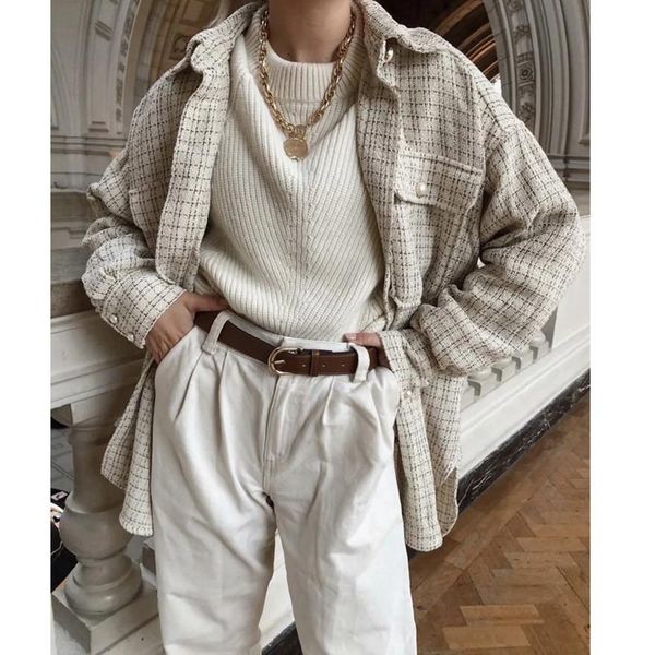 

2021 new vintage plaid shirts women chic ladies streetwear oversize loose long casual shirt women blouses shirts outfits girls, White