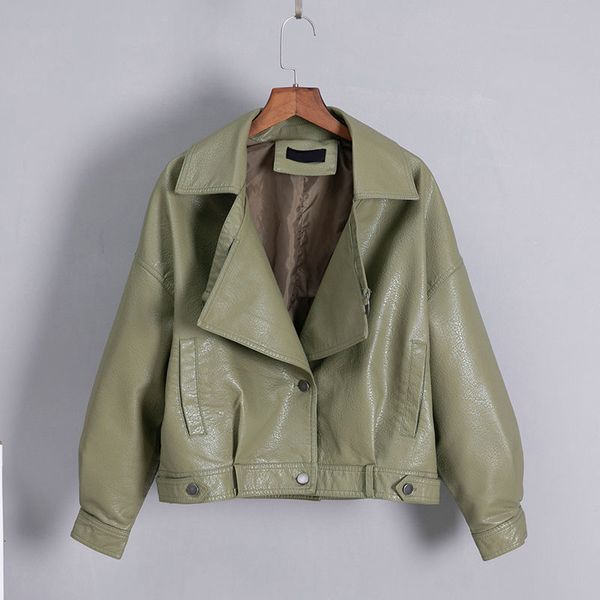 

2021 new spring women faux leather jacket vintage female black batwing sleeve short coat loose motorcycle outwear b9y9