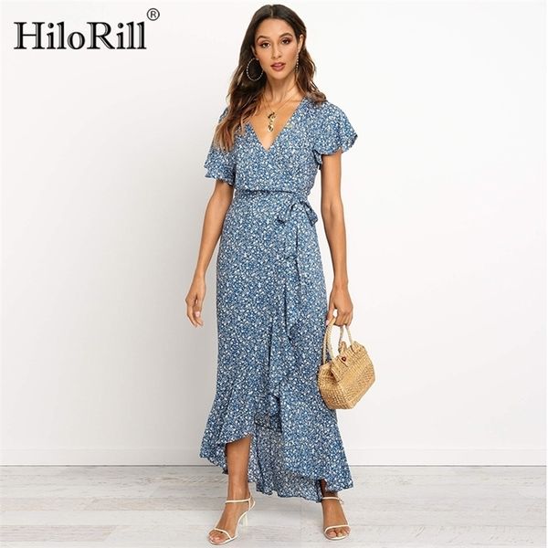 

hilorill summer long maxi dress women casual boho floral print beach dress v-neck ruffle bodycon wrap high slit party dress 210311, Black;gray