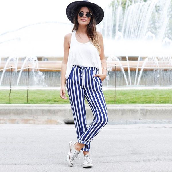 

women's pants & capris autumn casual 2021 fashion loose blue striped oblique pocket stretch drawstring decorative harem, Black;white