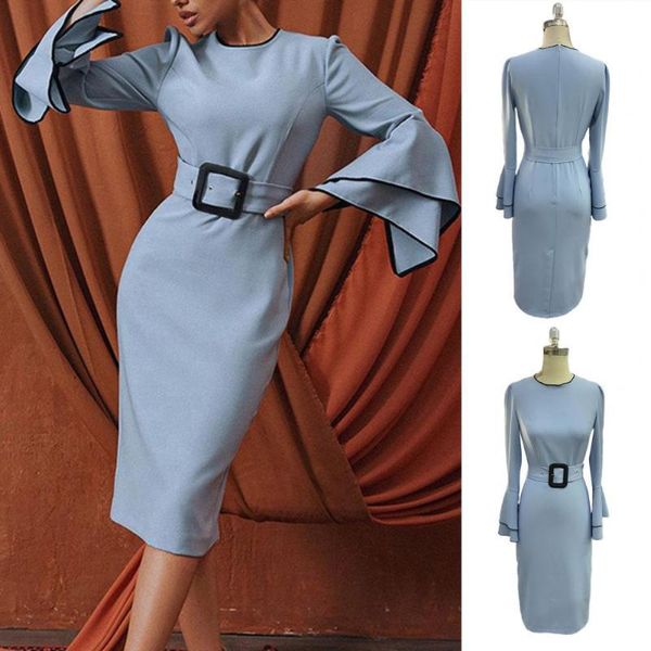 

casual dresses women dress round neck flare sleeve solid color bodycon slim elegant split hem belt midi workwear for autumn, Black;gray
