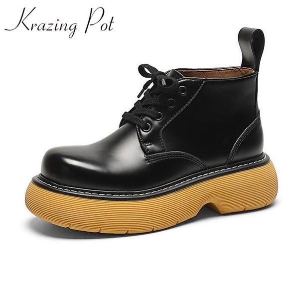

boots krazing pot cow leather rock singer thick bottom winter shoes platform motorcycle keep warm punk style lace up ankle, Black