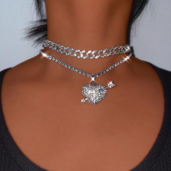 

chains vintage heart crystal pendant necklace cuba chain for women hip hop double layered choker shining jewelry party gift, Silver