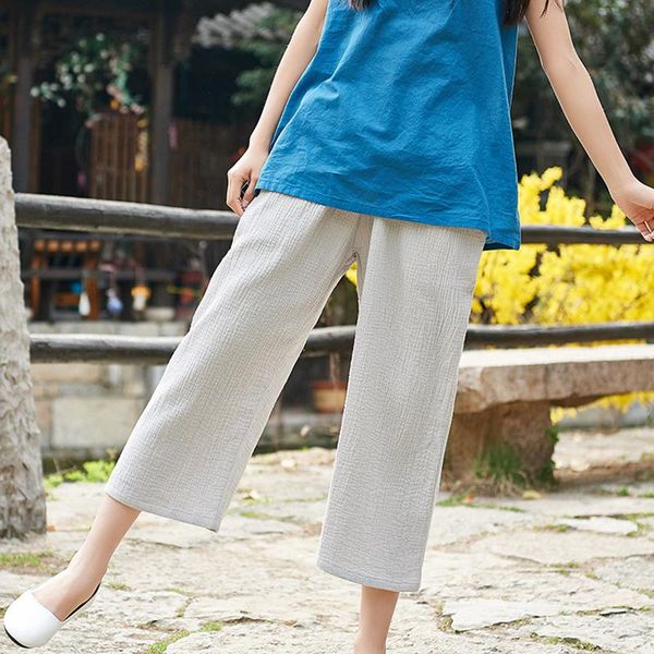 

women's pants & capris johnature cotton linen straight women elastic waist solid color 2021 summer casual soft pockets calf-length, Black;white