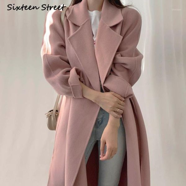 

women's wool & blends pink woman winter coats and jackets korean fashion clothing elegant vintage turn down neck long sleeve ca, Black