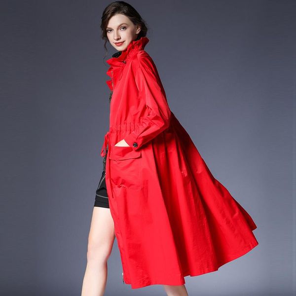 

women's trench coats 2021 spring casual mid-length lotus leaf collar zipper windbreaker pluse size simple classic long coat, Tan;black