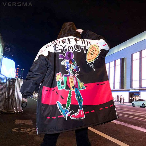 

versma korean harajuku graffiti print mens long ets large size hip hop punk parka men winter et coat dropshipping, Black