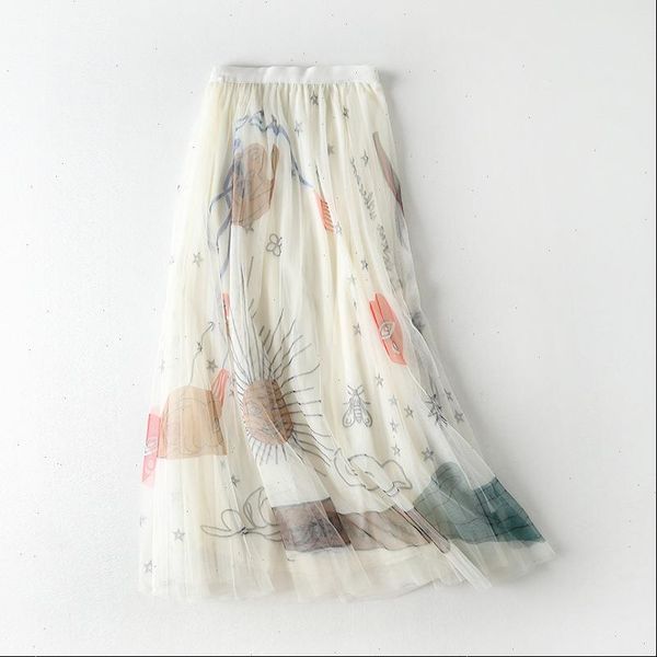 

graffiti print mesh tulle womens skirts elastic high waist long skirt female summer 2021 autumn ladies a line pleated skirts, Black