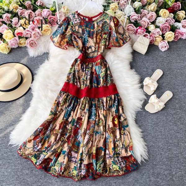 

casual dresses elegant dress summer round neck retro print closing waist swing goddess butterfly sleeve o-neck hit color vestidos, Black;gray