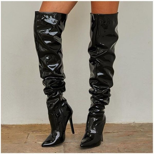 

boots plus size women patent leather over the knee high heel, Black